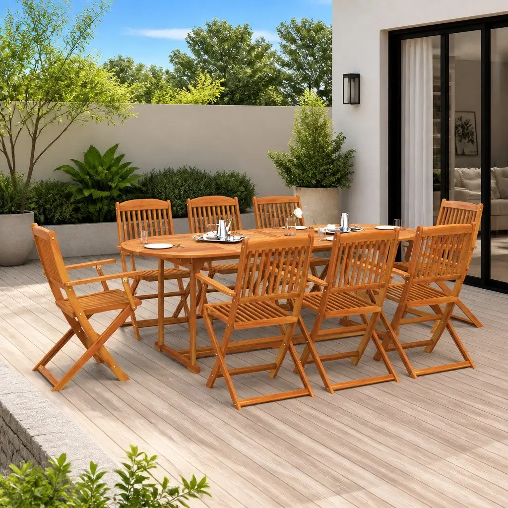 Solid Acacia Wood 9 Piece Outdoor Dining Set in Brown
