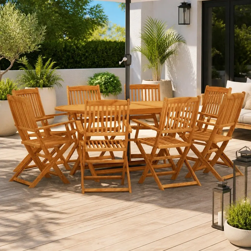 9 Piece Eucalyptus Wood Folding Outdoor Dining Set
