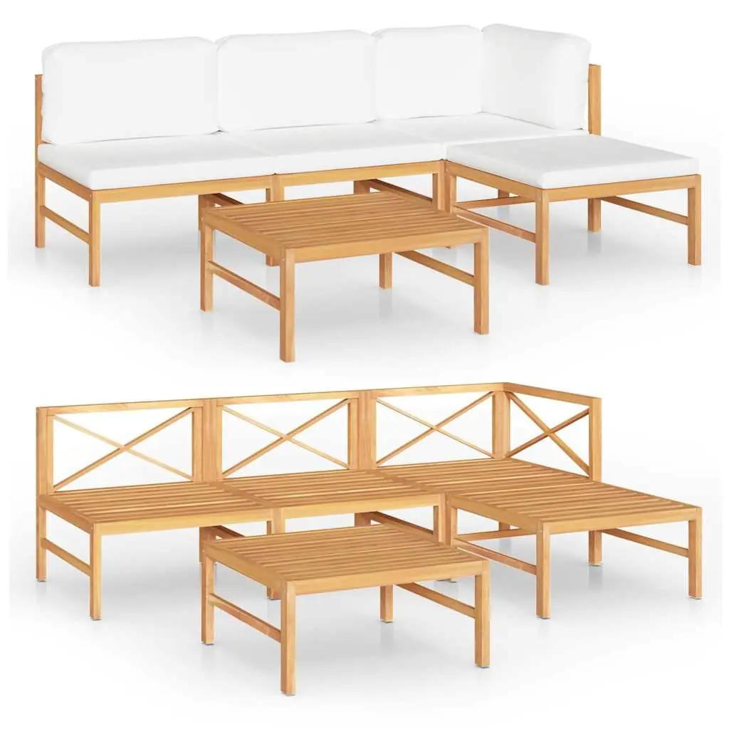 5 Piece Garden Lounge Set Teak Wood Cream Cushions