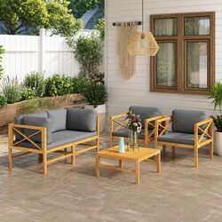 5 Piece Teak Wood Garden Lounge Set with Grey Cushions