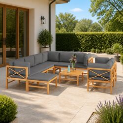Premium 10 Piece Teak Garden Lounge Set with Grey Cushions