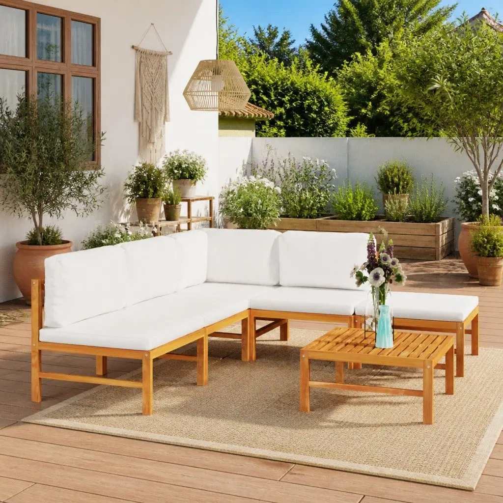 Garden Lounge Set Teak 6 Piece Outdoor Furniture Patio Seating Cream Cushions