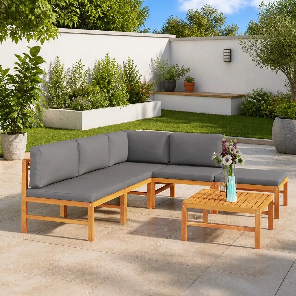 Garden Lounge Set Teak Wood 6 Piece Grey Cushions Outdoor Furniture