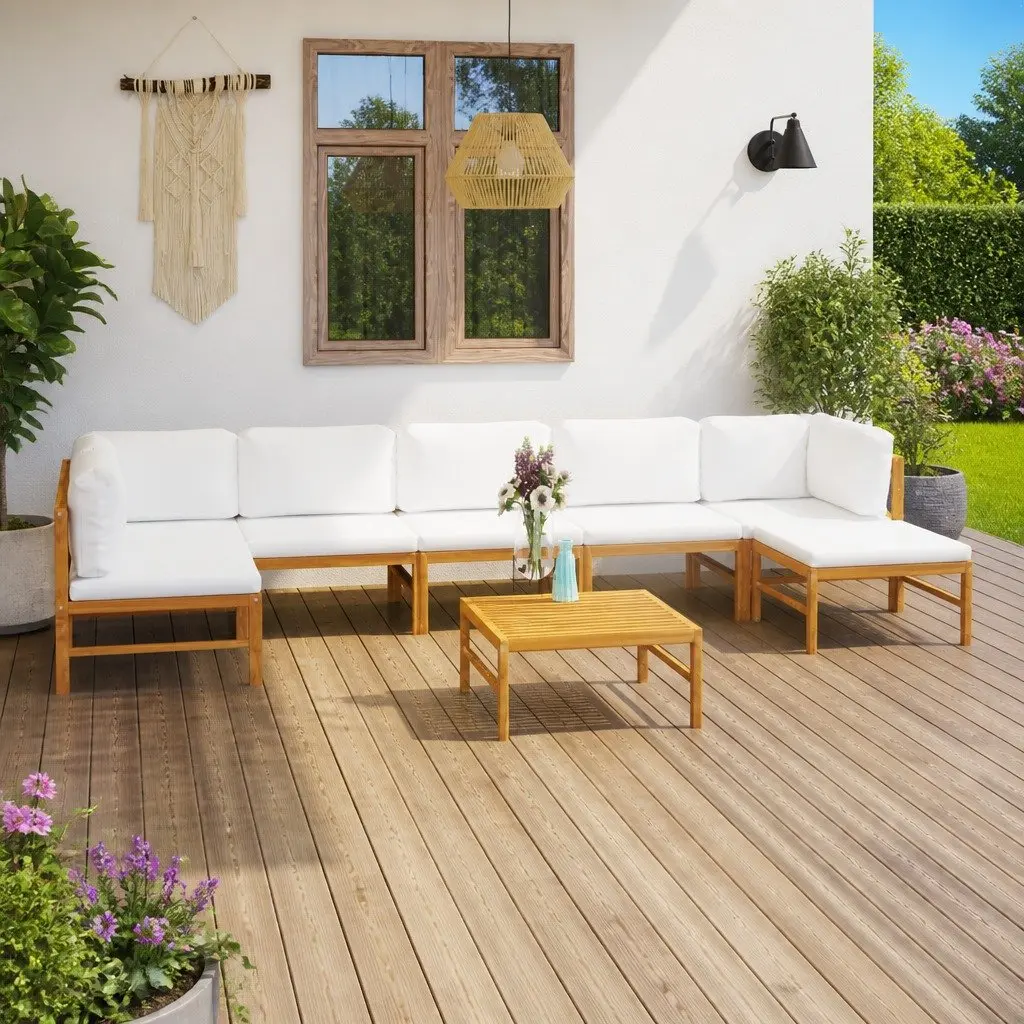 Garden Lounge Set Teak Hardwood 8 Piece Cream Outdoor Furniture with Cushions