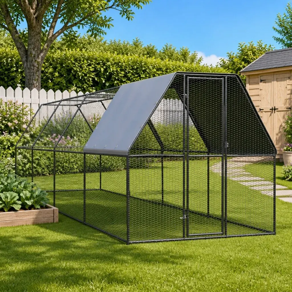 Outdoor Chicken Cage Run Enclosure 2x8x2m Galvanised Steel Water Resistant Roof