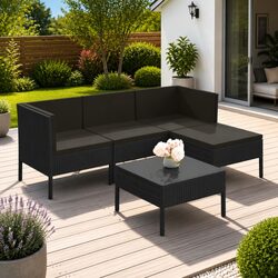 5-Piece Black Rattan Garden Lounge Set with Cushions