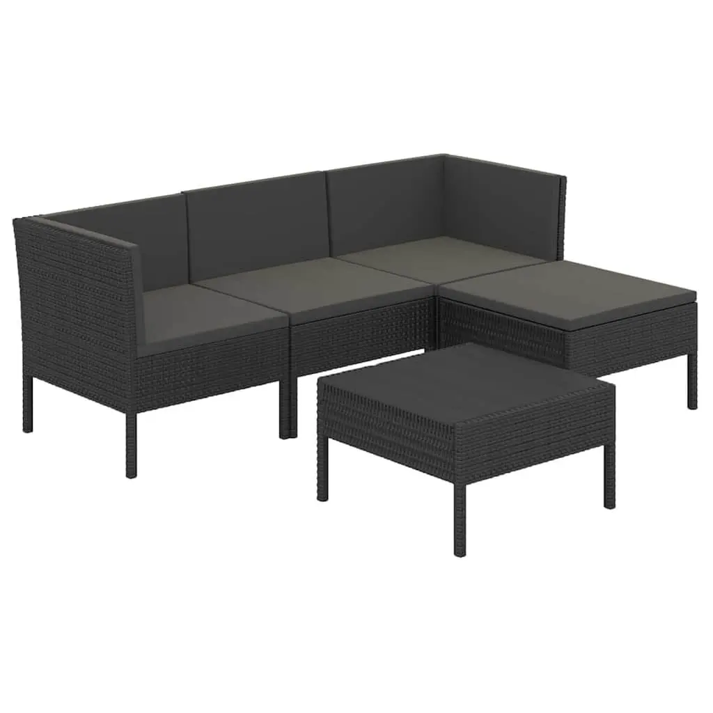 5-Piece Black Rattan Garden Lounge Set with Cushions