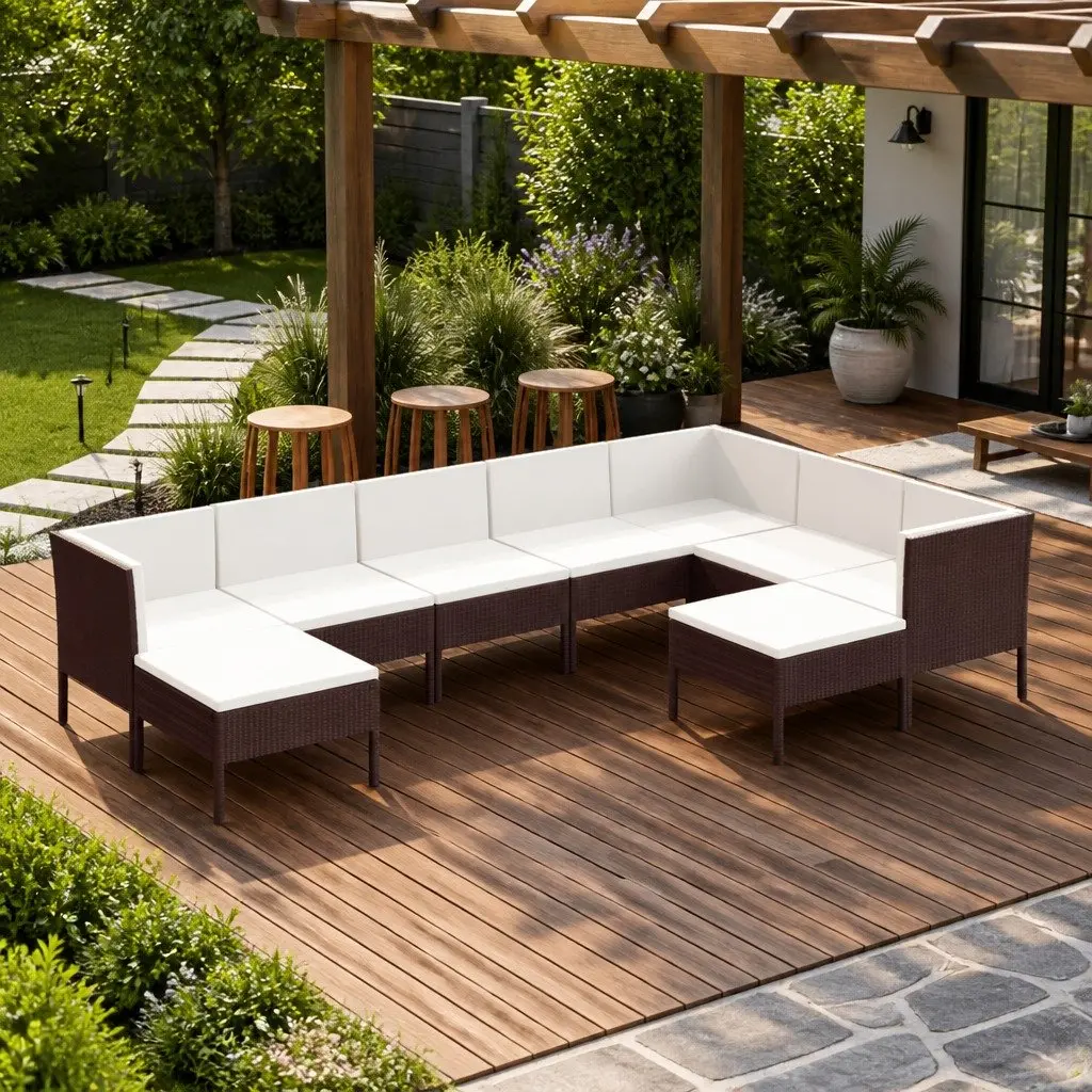 9 Piece Patio Furniture Set Brown PE Rattan Steel Frame with Polyester Cushions