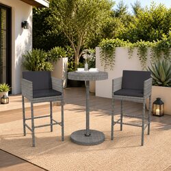 Durable 3 Piece Garden Bar Set with Cushions in Grey