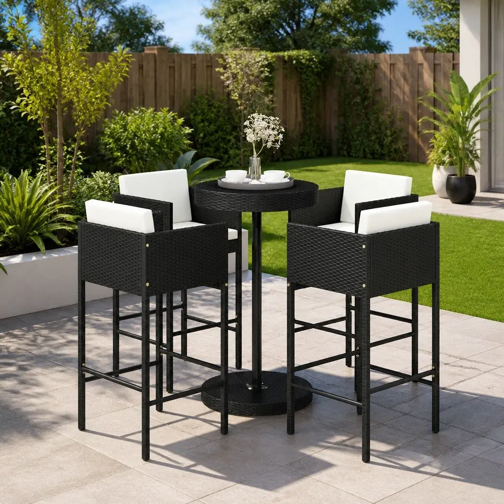 5 Piece Garden Bar Set PE Rattan Black Outdoor Cushions Table Stools