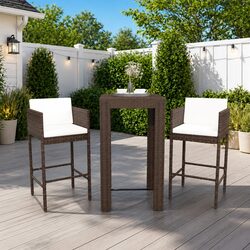 Durable 3 Piece Brown Rattan Garden Bar Set with Cushions