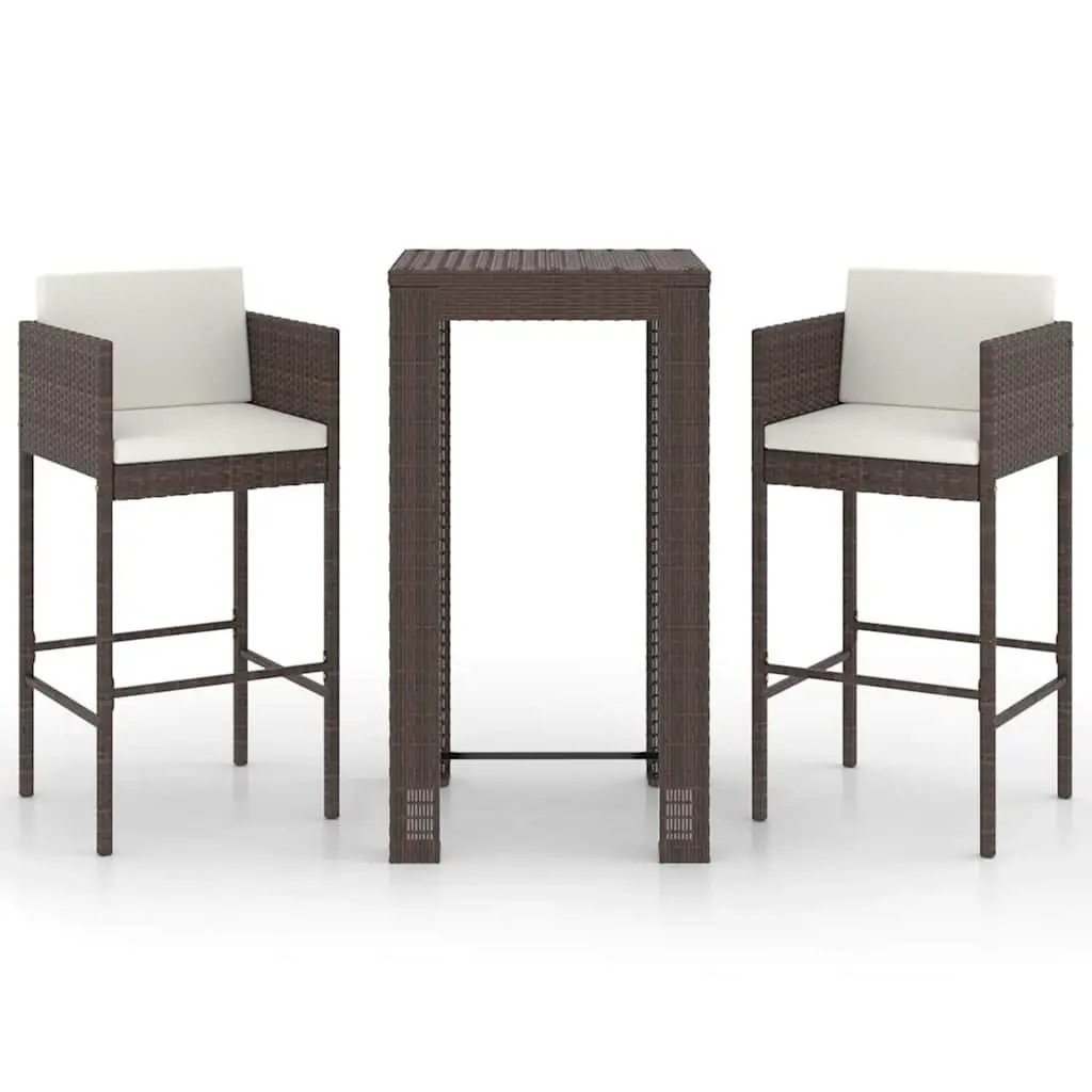 Garden Bar Set Poly Rattan 3 Piece Brown Outdoor Bar Table Stools with Cushions