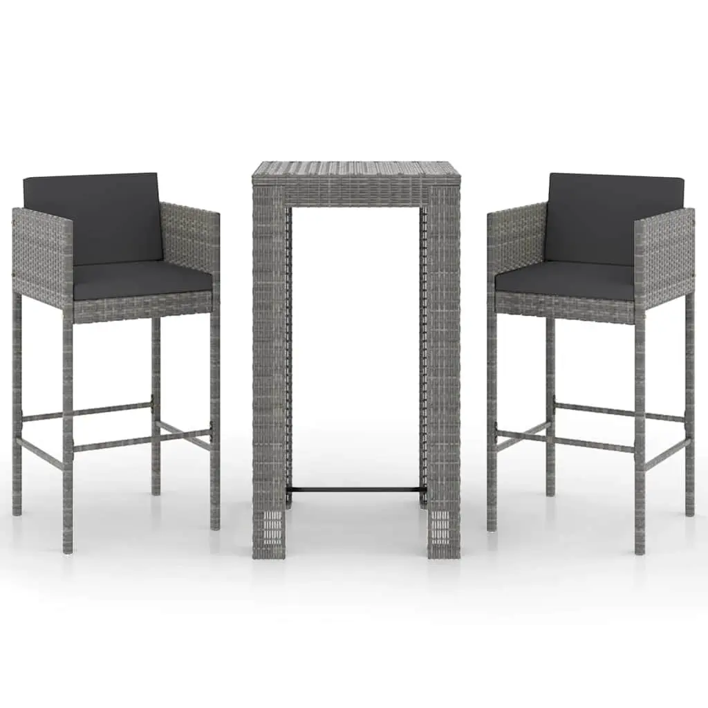 Garden Bar Set PE Rattan 3 Piece Outdoor Grey Cushions