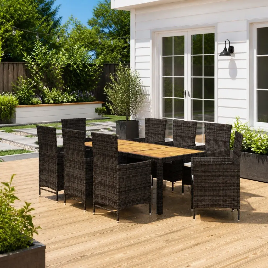 Outdoor Dining Set 9 Piece Steel Frame PE Rattan Black with Cushions