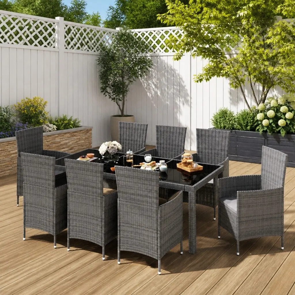 9-Piece Grey Poly Rattan Outdoor Dining Set