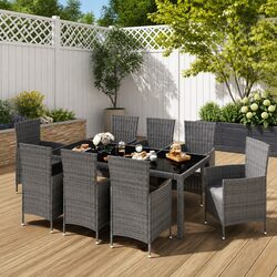 9-Piece Grey Poly Rattan Outdoor Dining Set