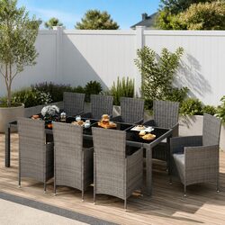 9-Piece Grey Poly Rattan Outdoor Dining Set with Steel Frame