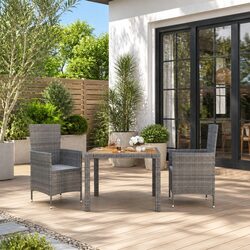 3-Piece Grey Poly Rattan Outdoor Dining Set with Cushions