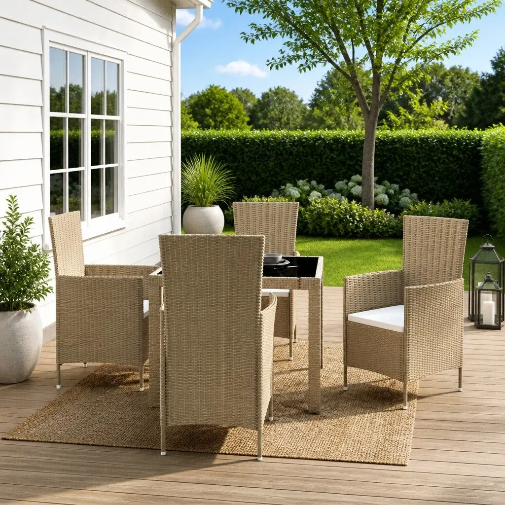 Beige Poly Rattan 5-Piece Outdoor Dining Set