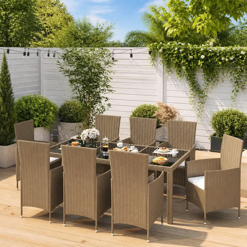 Beige 9 Piece Outdoor Dining Set with Cushions