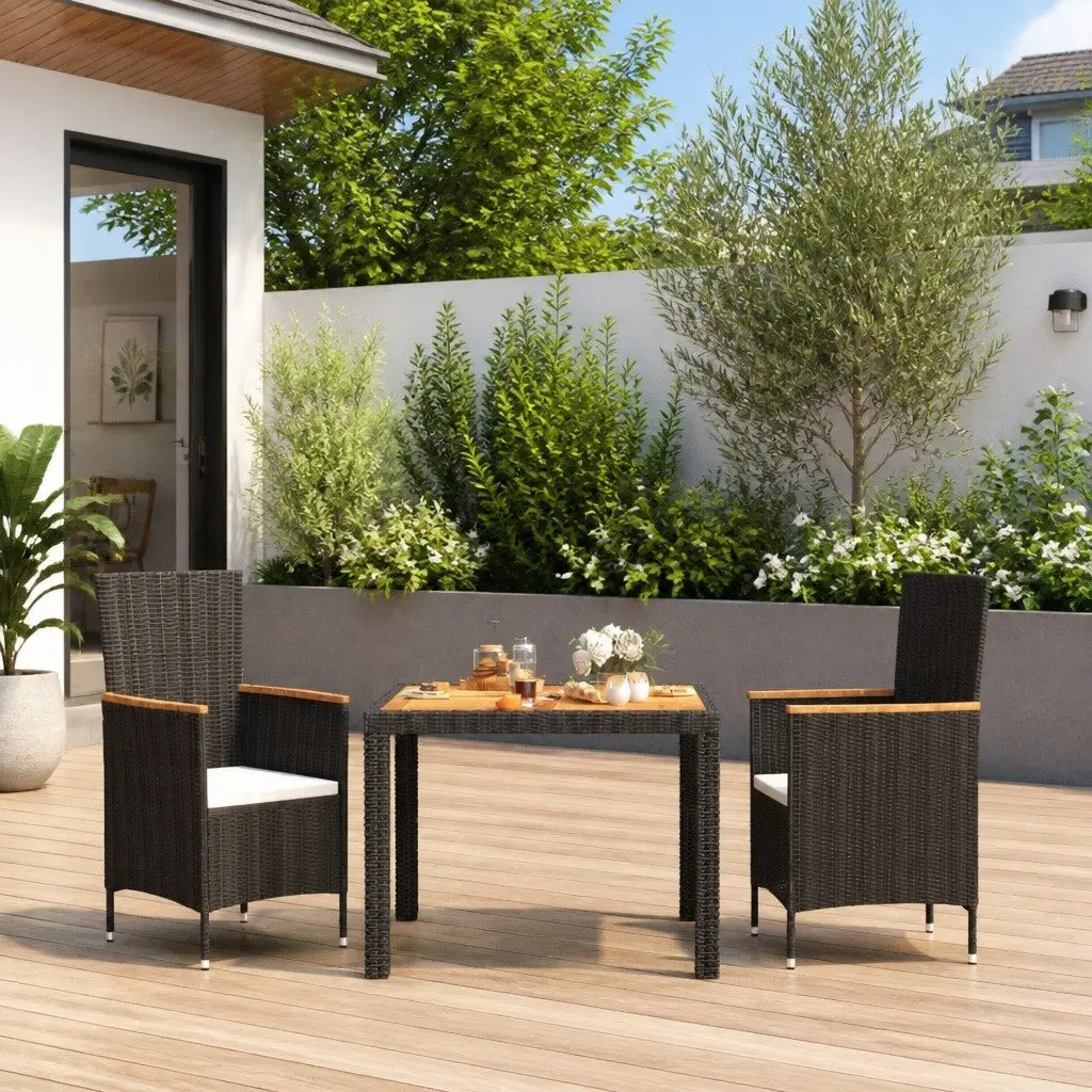 Outdoor Dining Set Poly Rattan 3 Piece Black Garden Furniture with Cushions