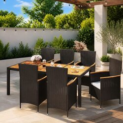 7-Piece Black Rattan Outdoor Dining Set with Cushions