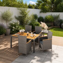 5-Piece Grey Poly Rattan Outdoor Dining Set with Cushions