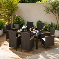 Black Poly Rattan 7 Piece Outdoor Dining Set with Cushions