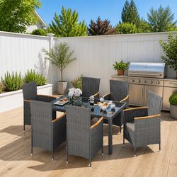 7 Piece Grey Poly Rattan Outdoor Dining Set with Cushions
