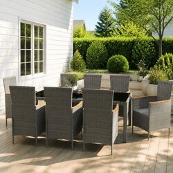 9-Piece Grey Poly Rattan Outdoor Dining Set with Cushions