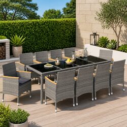 Durable 11 Piece Outdoor Dining Set with Grey Cushions