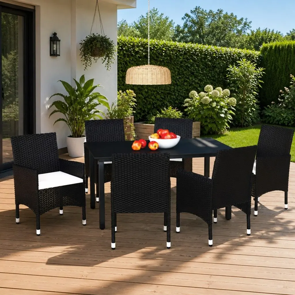 Outdoor Dining Set Poly Rattan 7 Piece Black Steel Aluminium Glass Table with Cushions