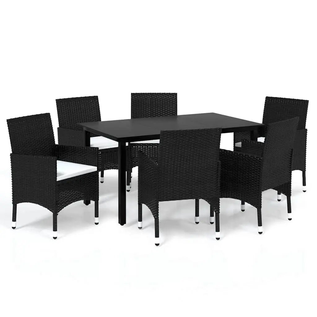 Outdoor Dining Set Poly Rattan 7 Piece Black Steel Aluminium Glass Table with Cushions