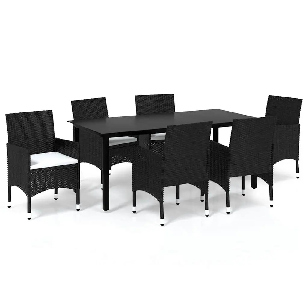 7 Piece Garden Dining Set Steel Frame PE Rattan Glass Top Black with Cushions
