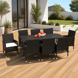 9 Piece Garden Dining Set with Black Cushions and Rattan Frame