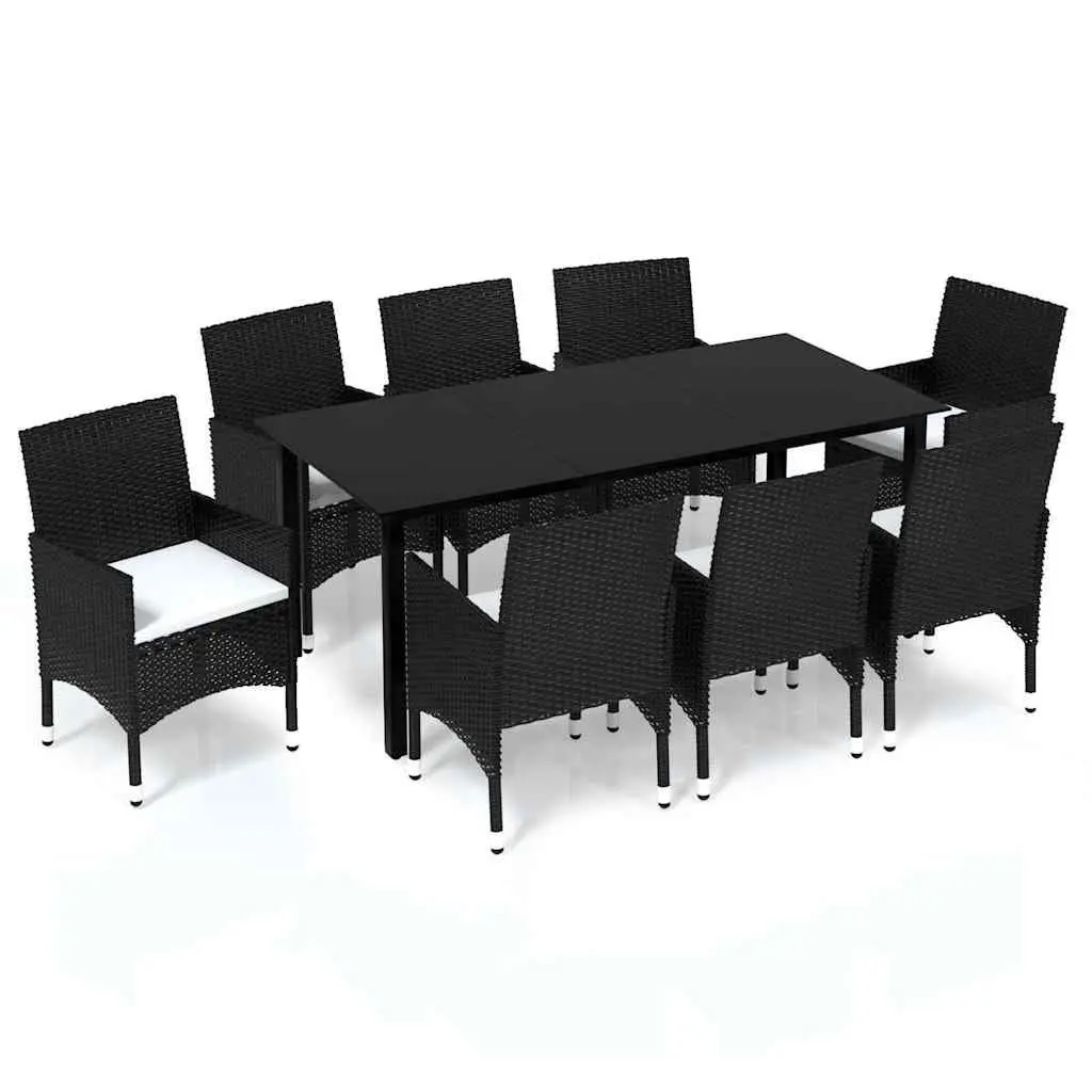 9 Piece Garden Dining Set with Black Cushions and Rattan Frame
