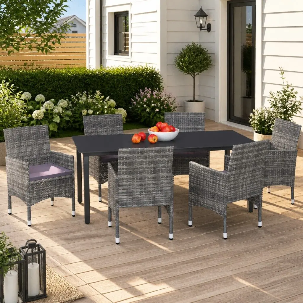 7 Piece Garden Dining Set PE Rattan Steel Aluminium Frame Glass Top Grey
