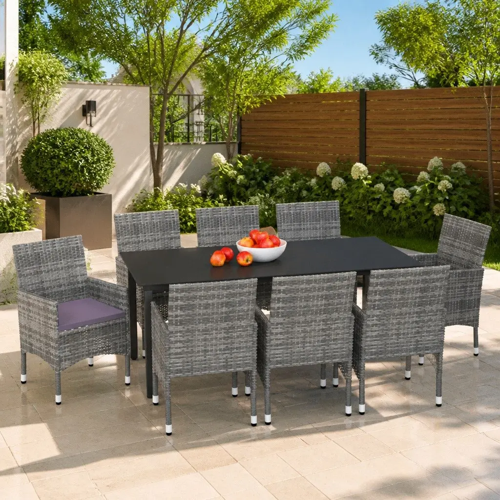 9-Piece Garden Dining Set with Grey Rattan