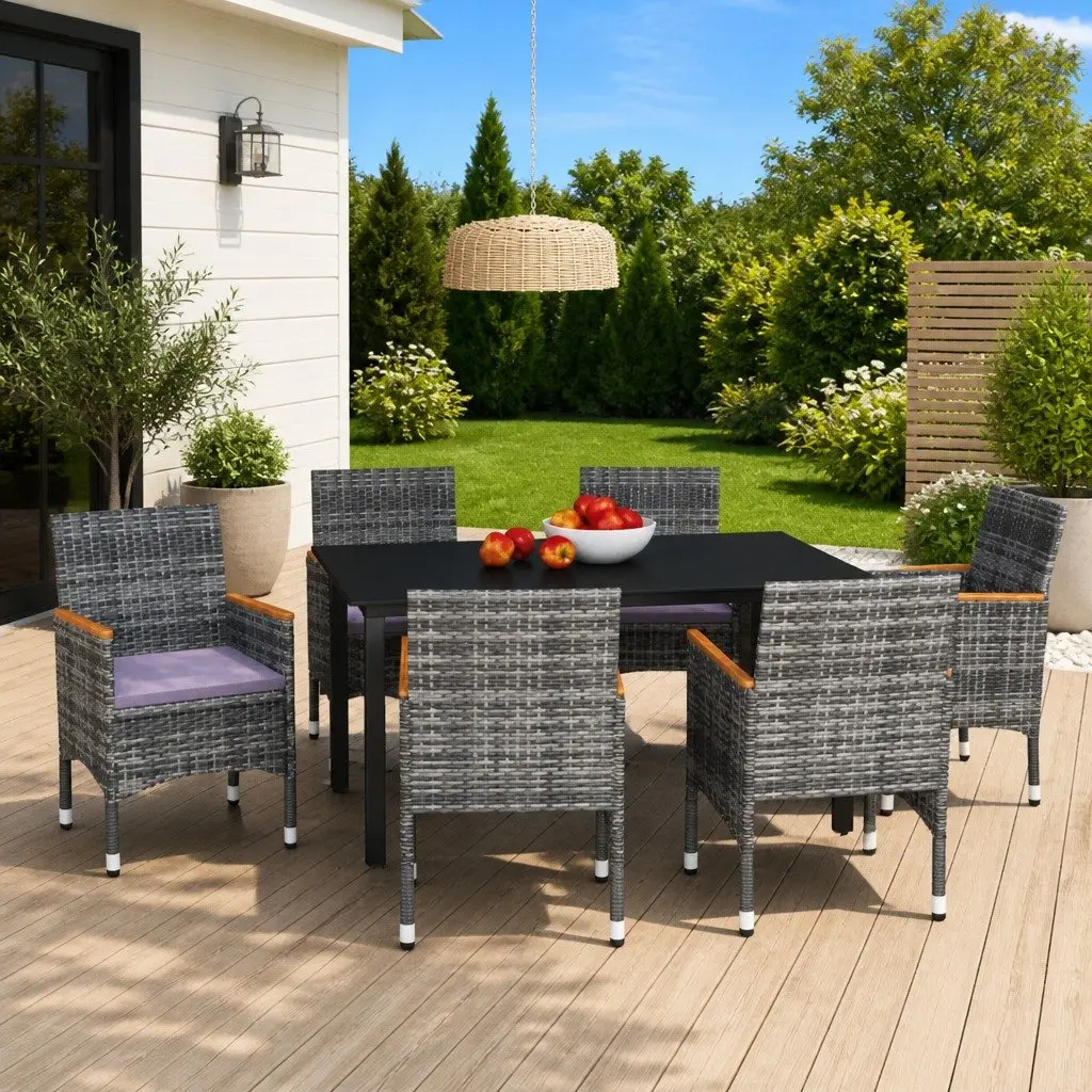 Garden Dining Set 7 Piece Steel PE Rattan Glass Table Grey