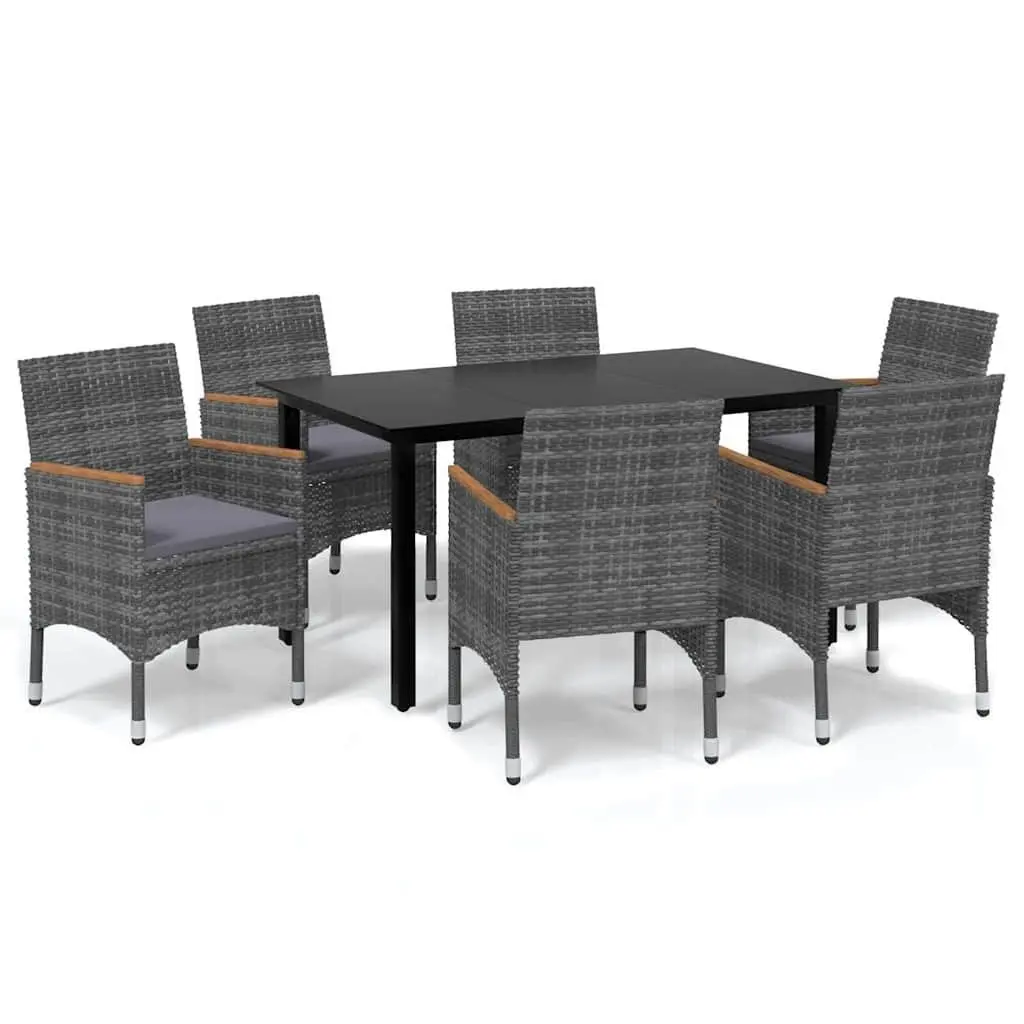 Garden Dining Set 7 Piece Steel PE Rattan Glass Table Grey
