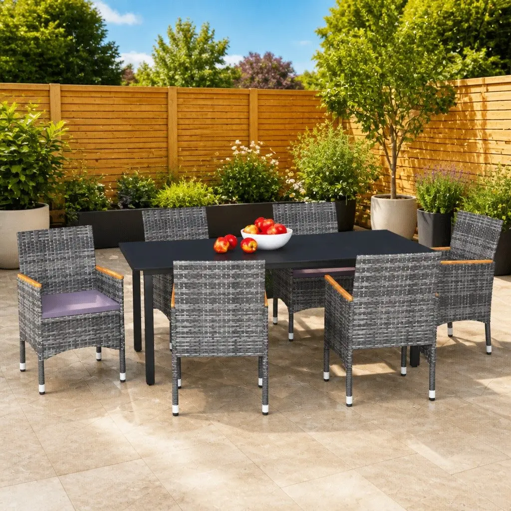 Garden Dining Set 7 Piece Steel Aluminium PE Rattan Glass Table Chairs Cushions Grey