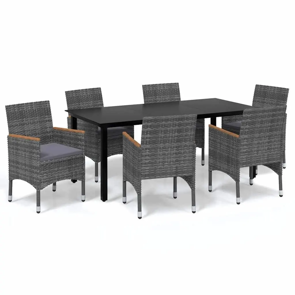 Garden Dining Set 7 Piece Steel Aluminium PE Rattan Glass Table Chairs Cushions Grey