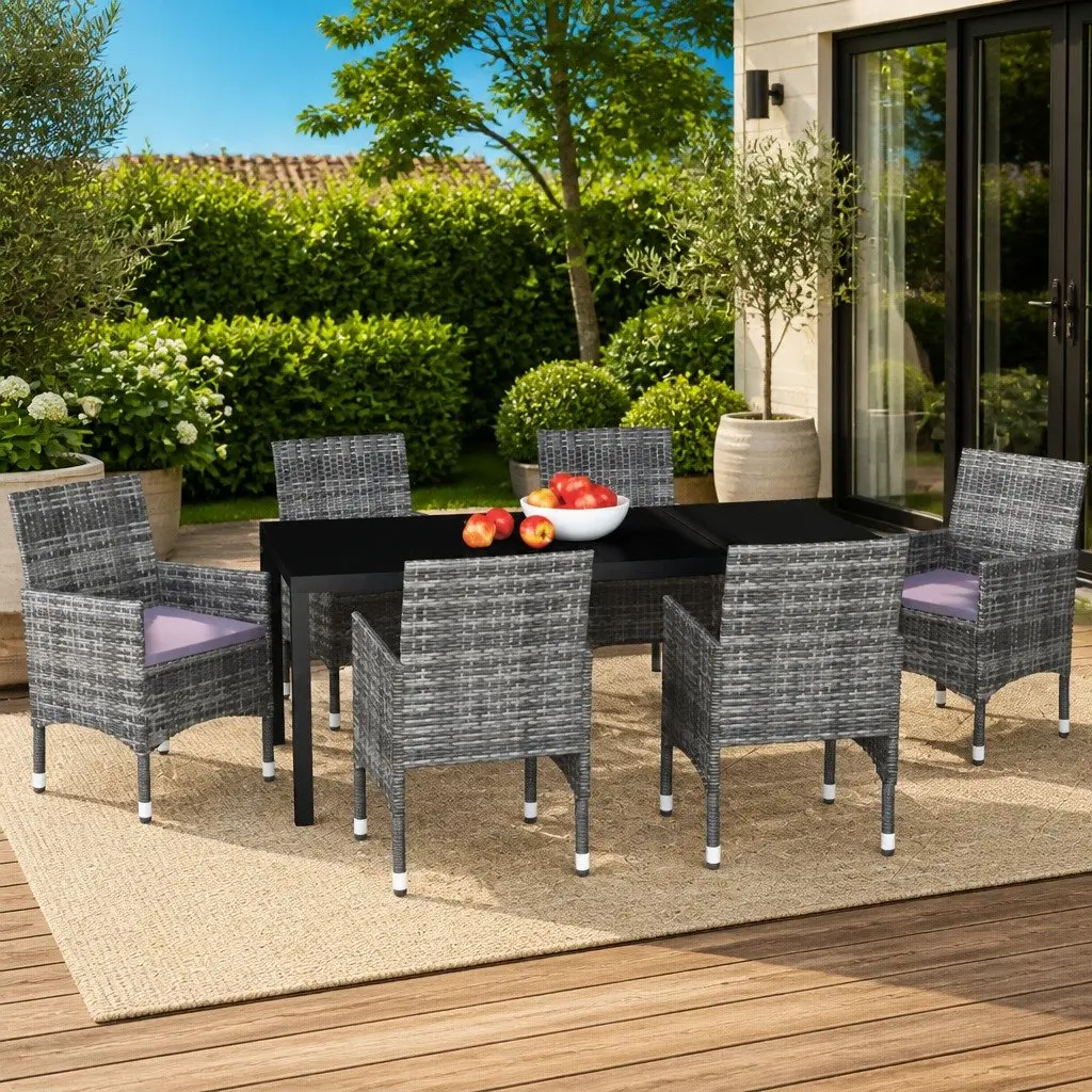7 Piece Outdoor Dining Set in Grey Rattan