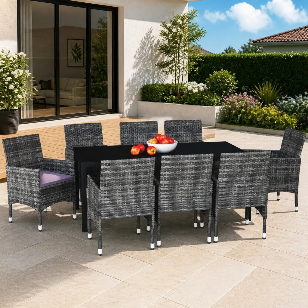 9-Piece Outdoor Garden Dining Set with Grey Cushions