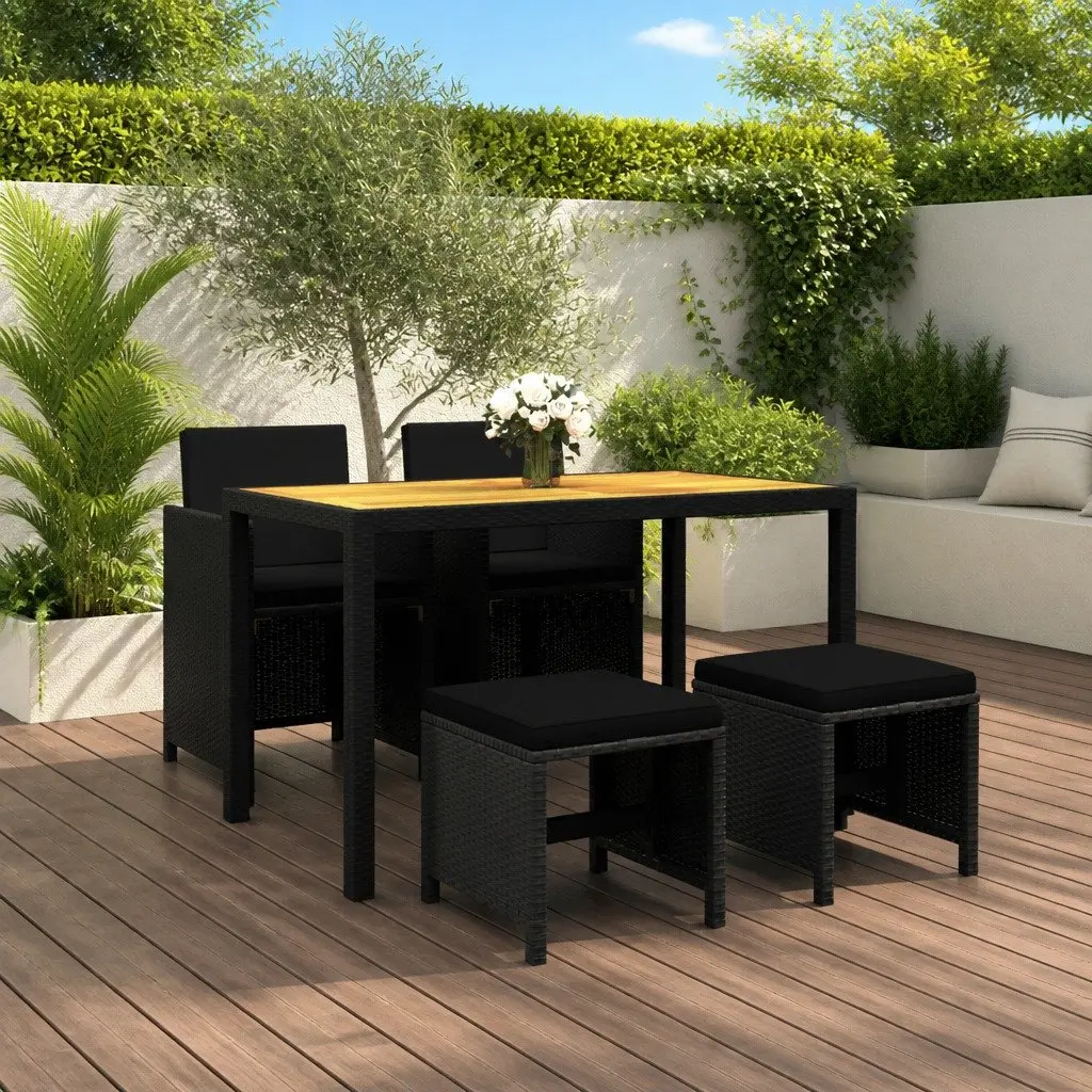 5 Piece Outdoor Dining Set PE Rattan Black Table Chairs Cushions