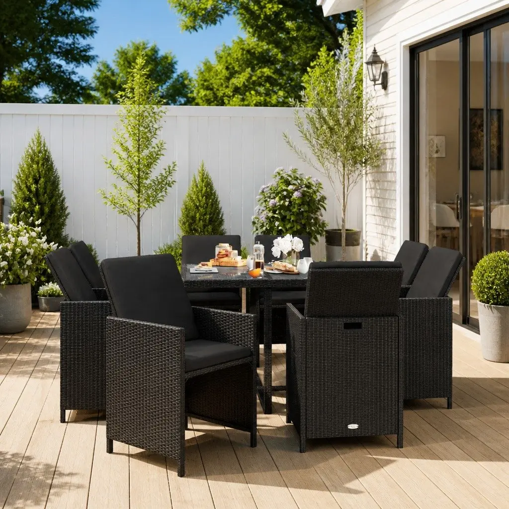 9 Piece Black Rattan Garden Dining Set