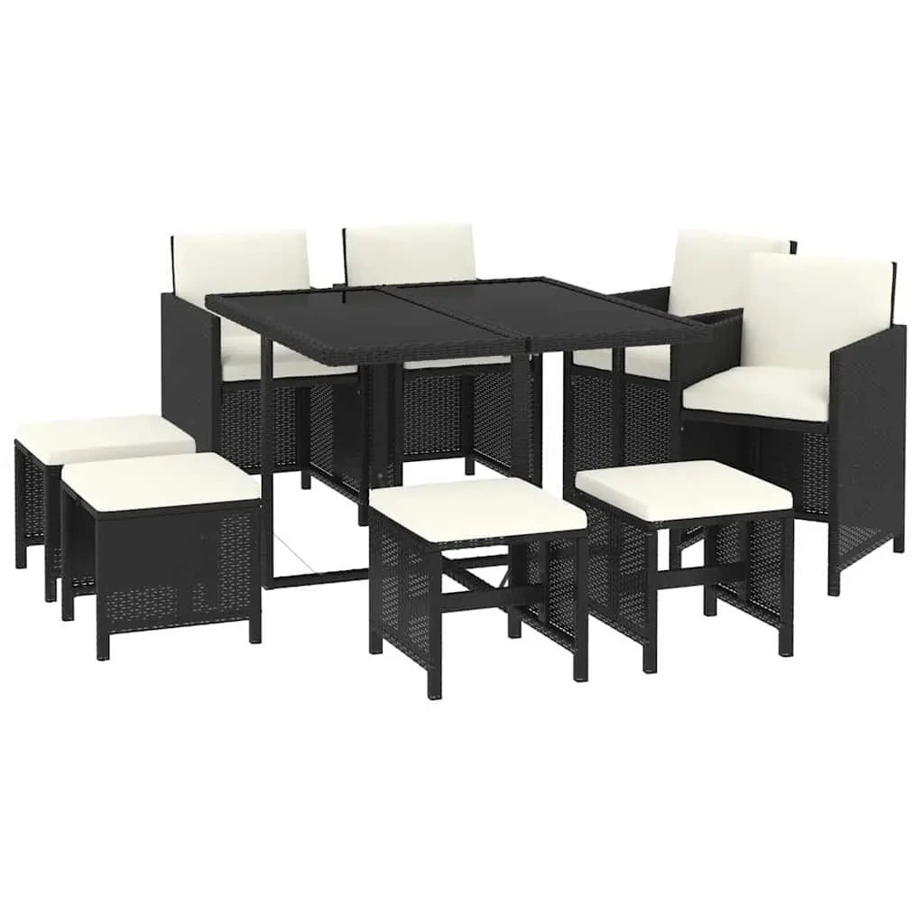 9 Piece Outdoor Dining Set PE Rattan Glass Table Chairs Stools Black