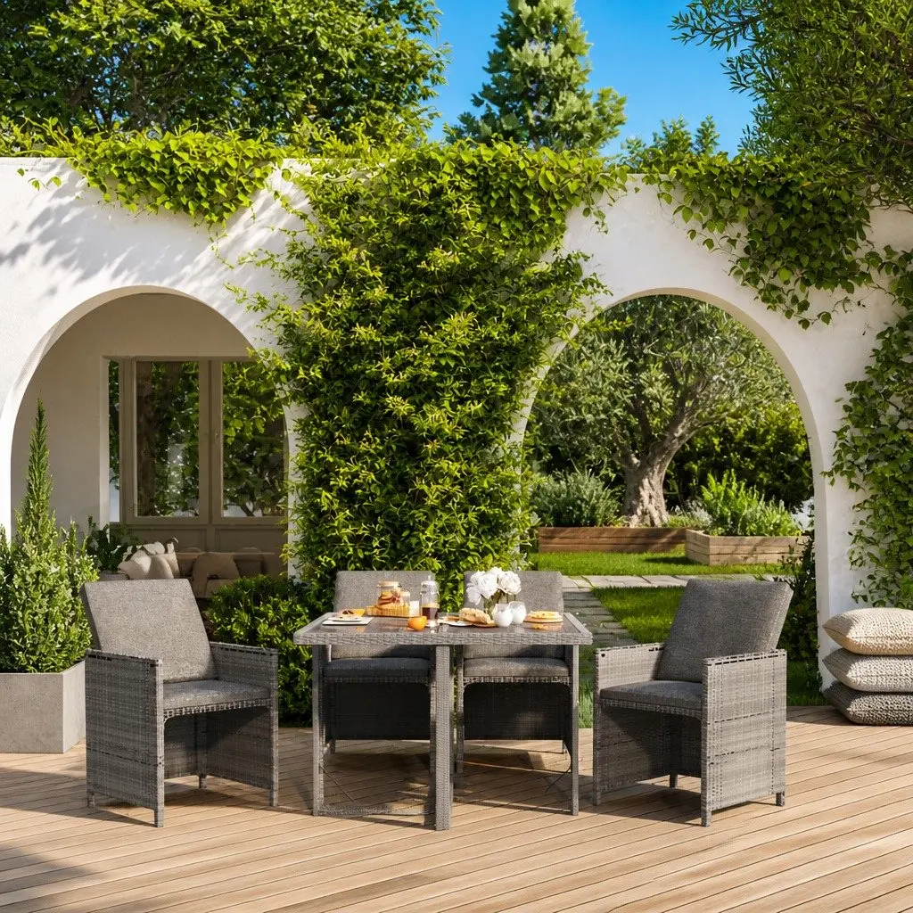 5 Piece Garden Dining Set PE Rattan Steel Frame Glass Table Chairs Grey