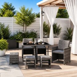 9 Piece Grey Poly Rattan Garden Dining Set with Cushions
