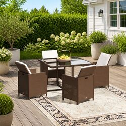 Outdoor 5-Piece Brown PE Rattan Dining Set with Cushions